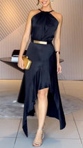 Black Satin Halter Neck Midi Dress+Accessory (Belt)