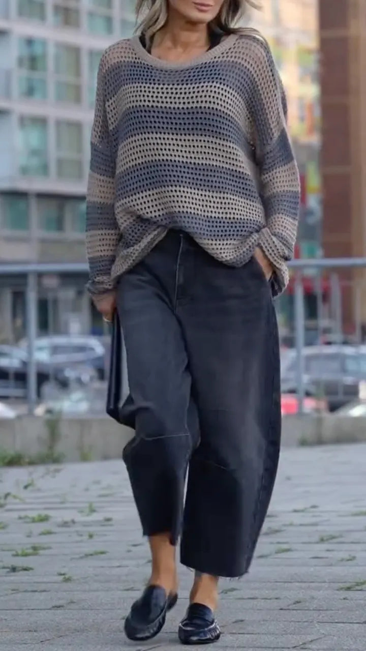 Striped Hollow Knit Sweater & Black Denim Pants
