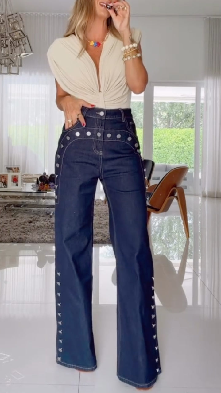 Metal Stud Decorated Dark Denim Wide Leg Jeans