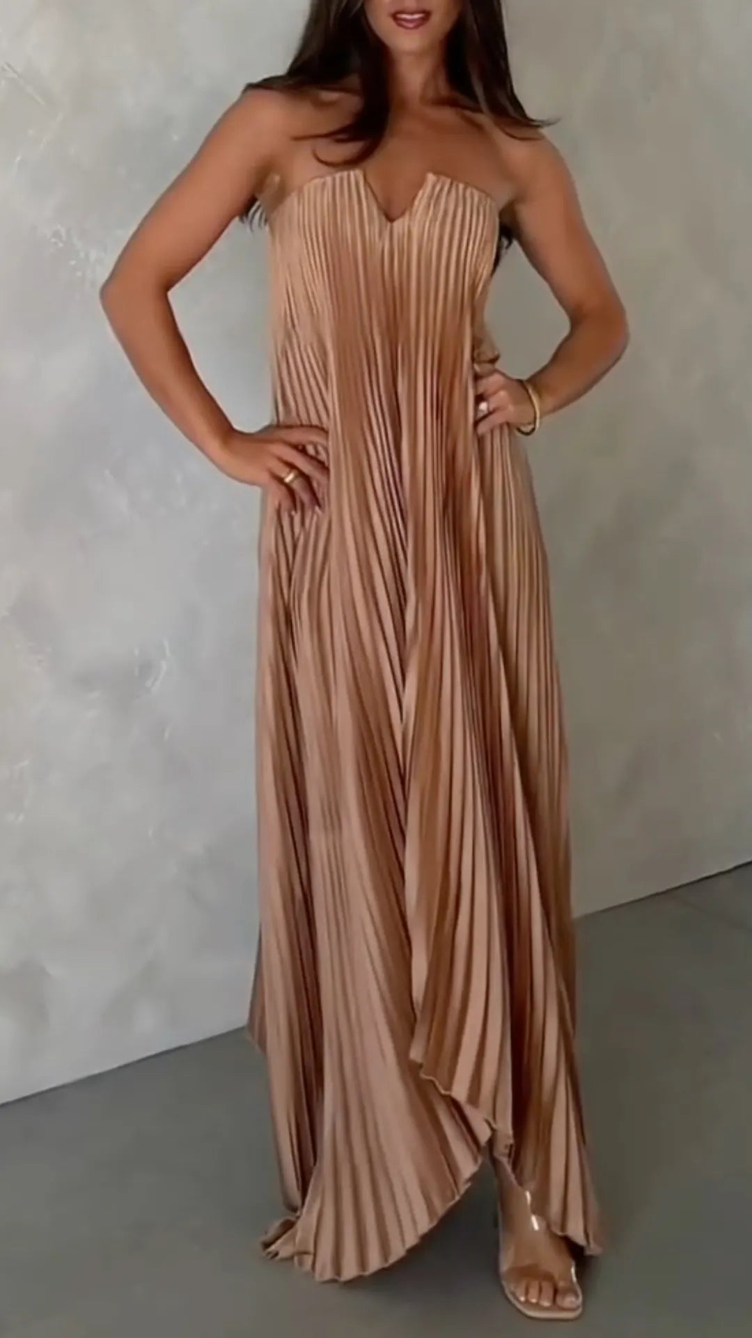 Strapless Pleated Satin Maxi Dress