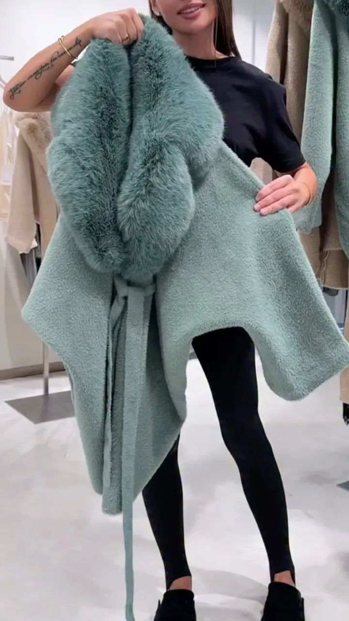 Faux Fur Collar Belted Long Coat