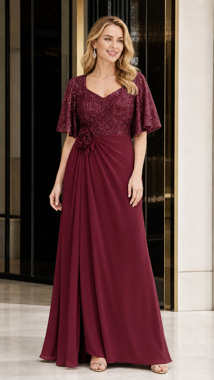 Elegant Sequin V-Neck Flare Sleeve Formal Evening Gown