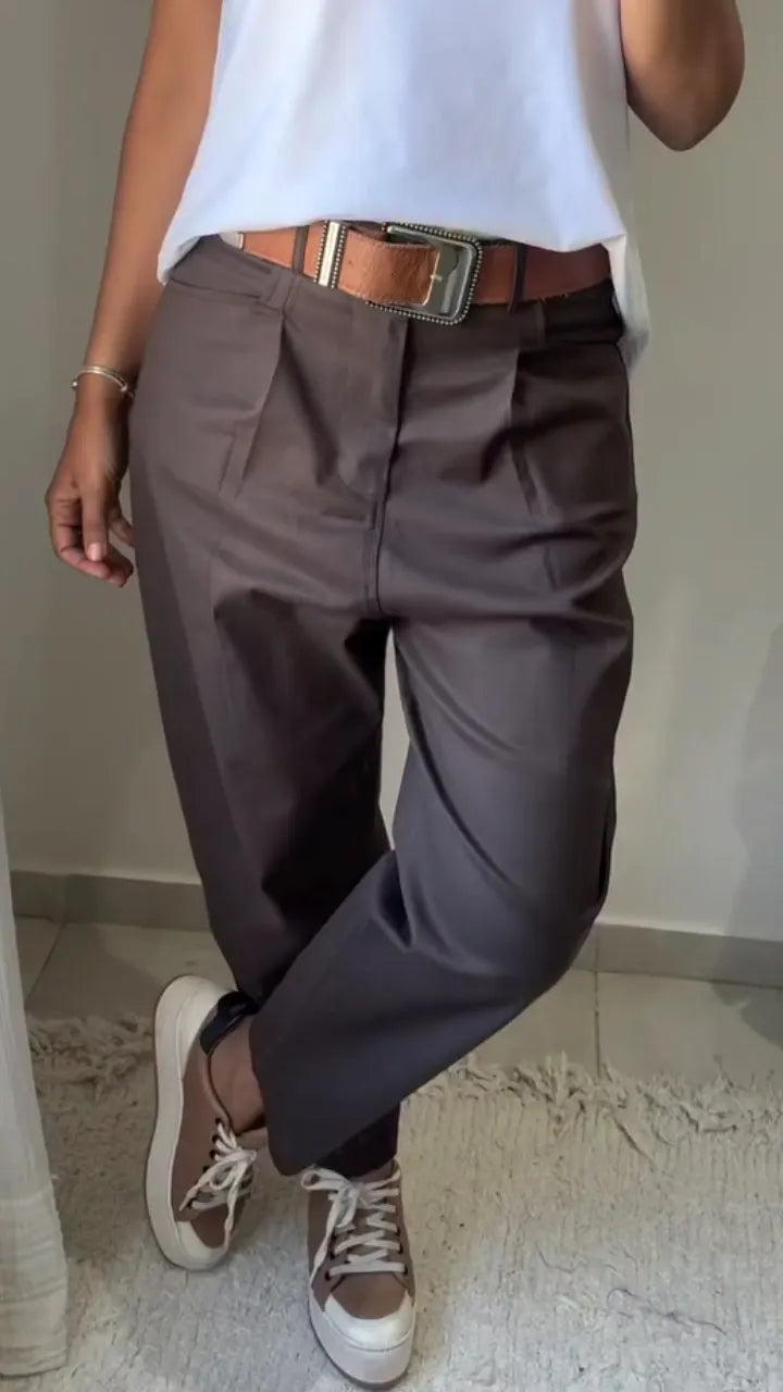 Dark Brown Pleated Tapered Trousers