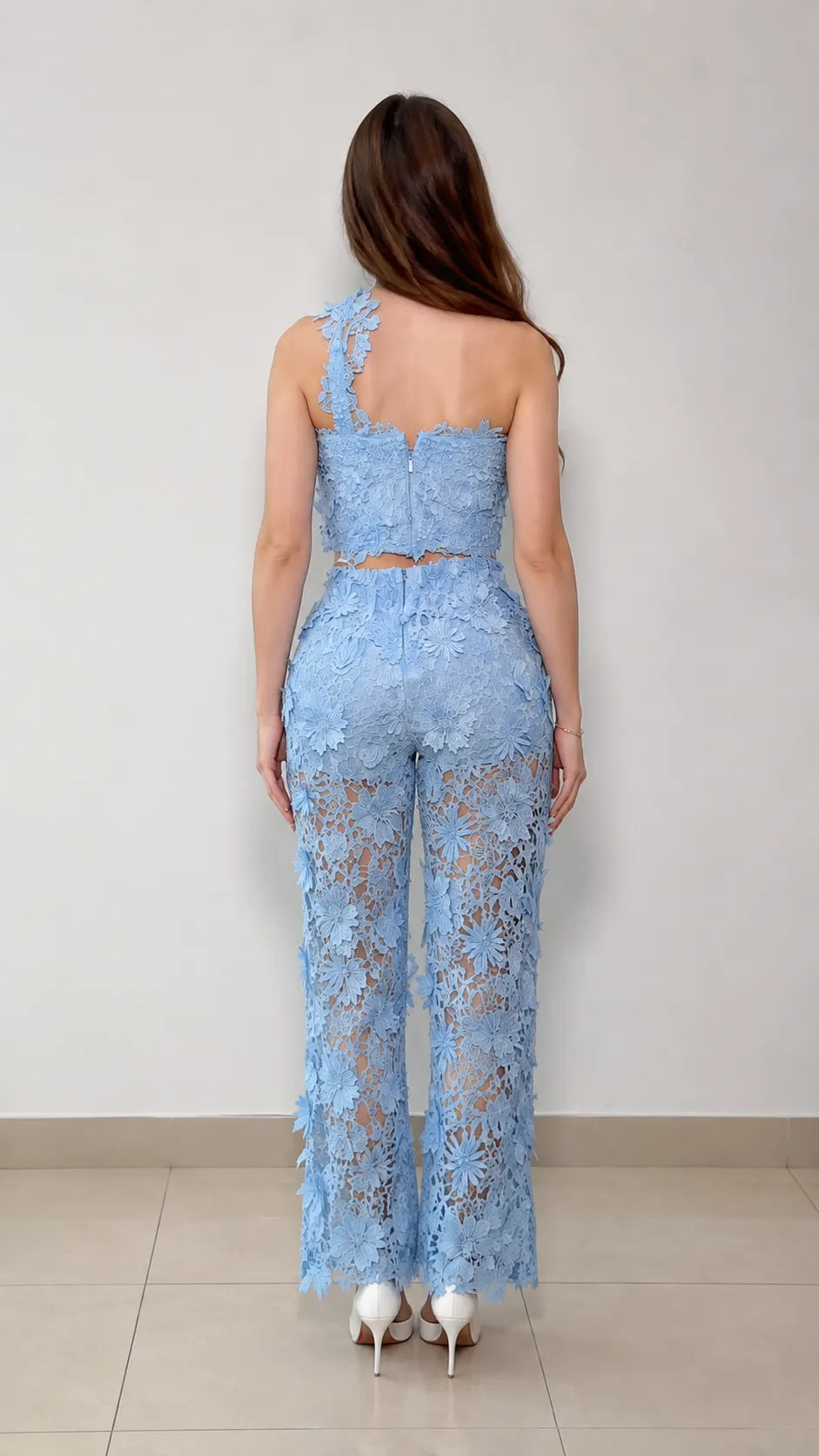 Floral Lace Crop Top & Straight Pants Set