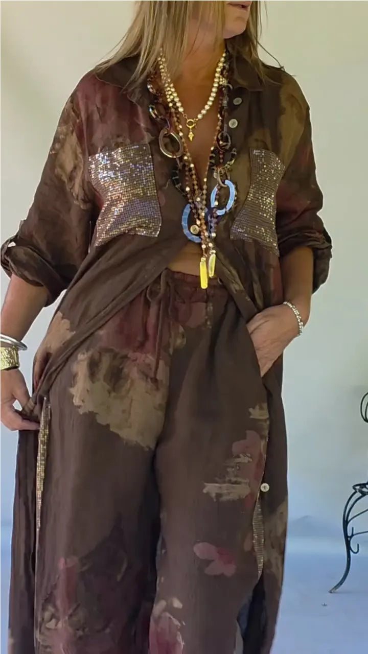 Women's Printed Cotton-Linen Set with Sequin and Patchwork Details