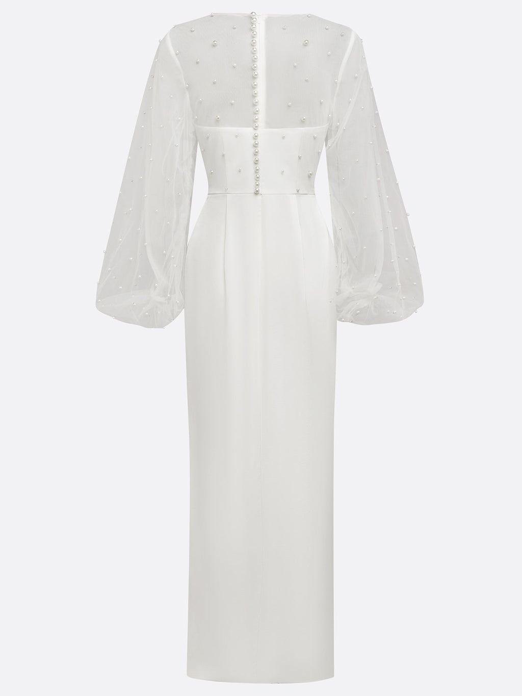 White Faux Pearl Side-Slit Classic Crew Neck Long Sleeve Puff Sleeve Sheath Bridal Gown Dress