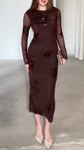 Chocolate Sequin Floral Mesh Long-Sleeve Maxi Dress