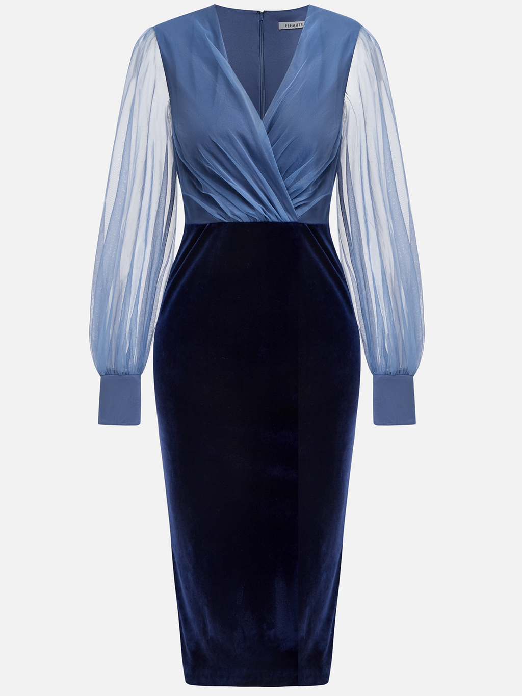 Navy Blue Mesh Split Joint Balloon Sleeve Sheath Midi Velvet Dress