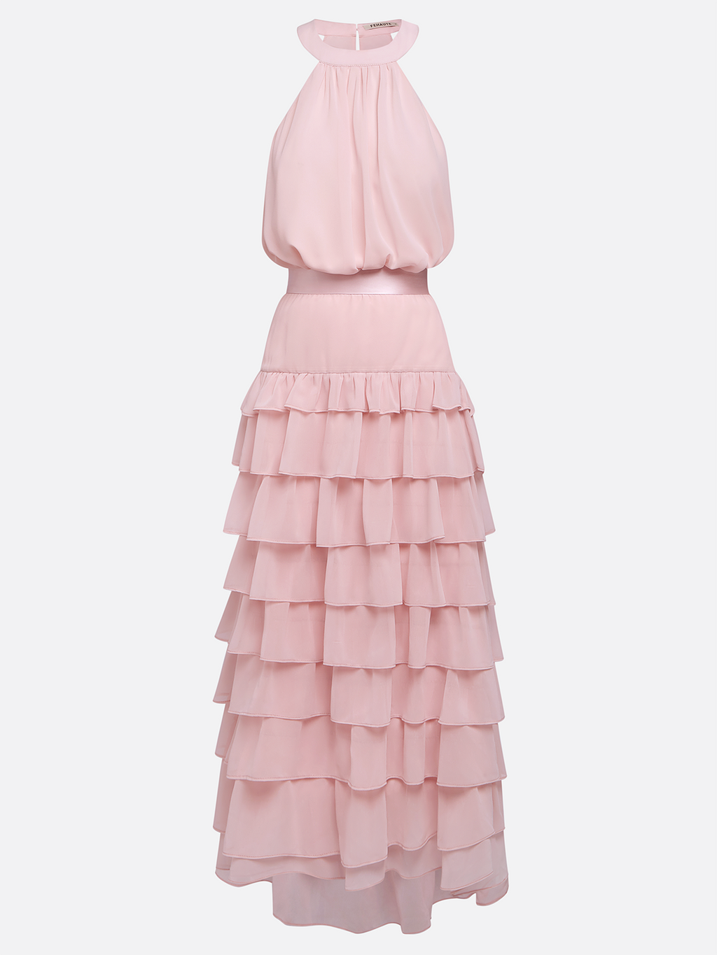 Pink Ruffle Tiered Chiffon Halter Neck Sleeveless A-Line Two-piece Set Top with Skirt