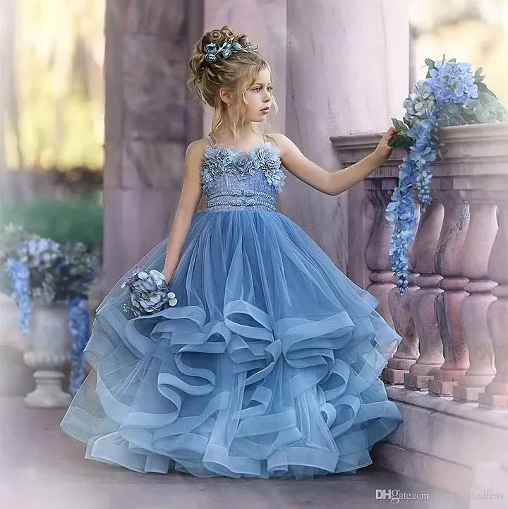 Cocoslly Spaghetti Straps  Sleeveless Flower Girl Dress With Appliques And Rhinstone | Dusty Blue Tulle FL0020