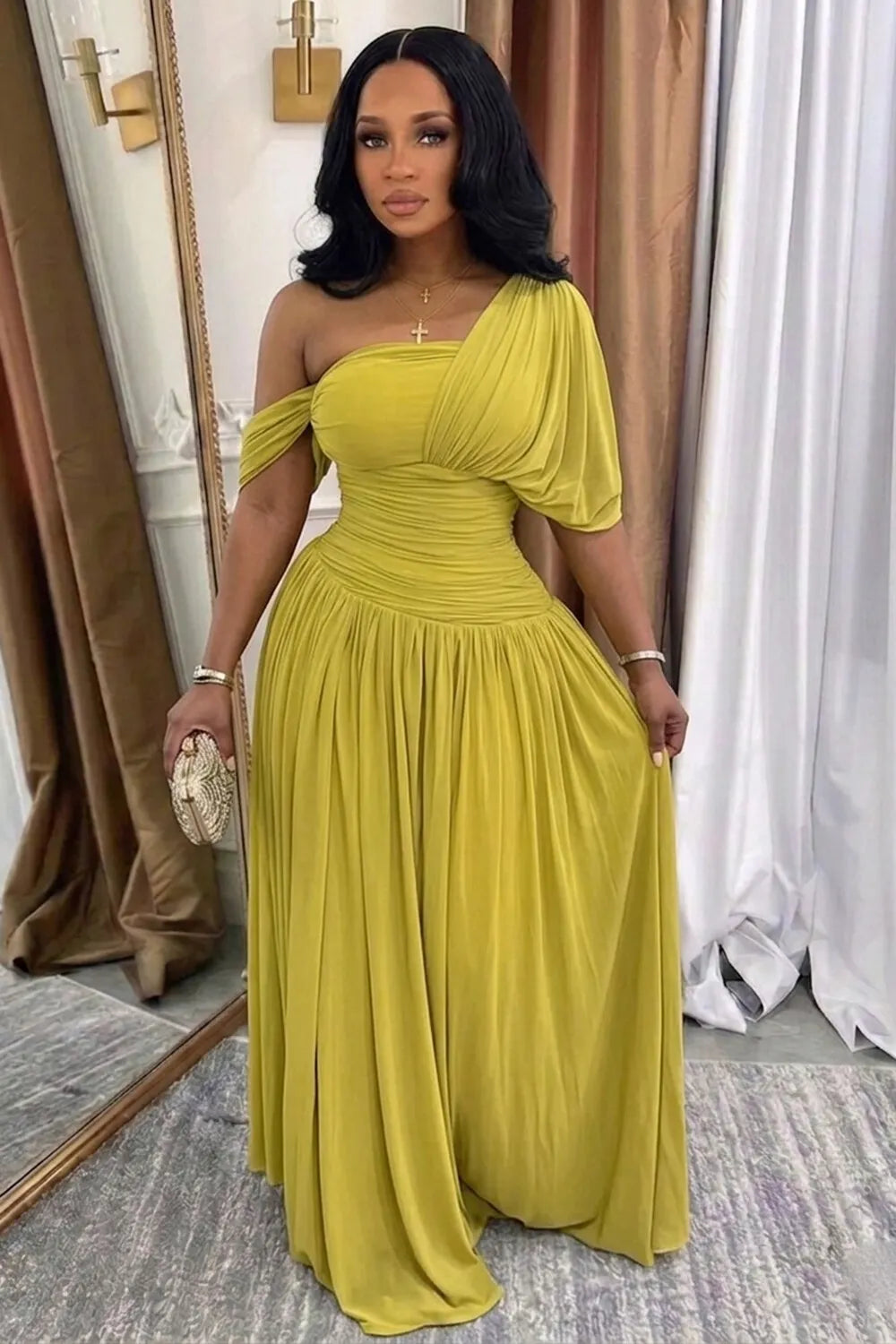One Shoulder Cinch Waist Ruched A-Line Casual Maxi Dresses-Olive