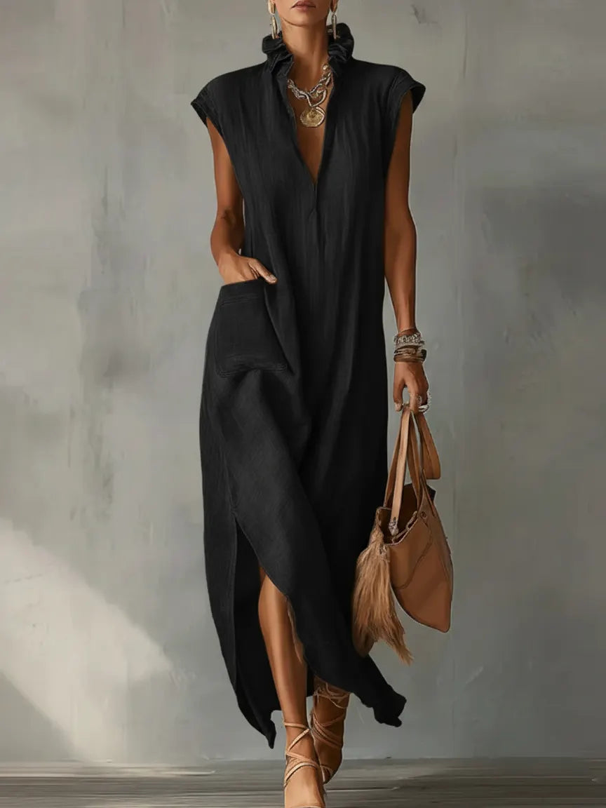 Elegant Ruff Collar Fashion Linen Cotton Midi Dress