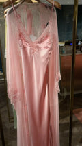 Pink Satin Slip Maxi Nightgown And Lace Chiffon Robe Set