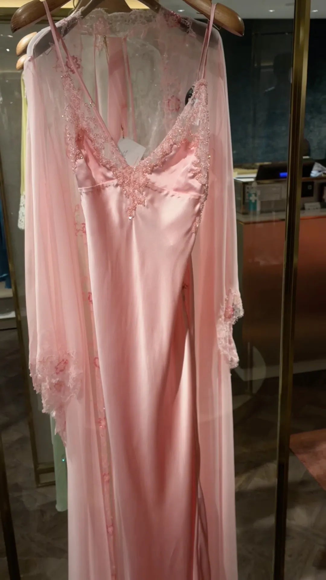 Pink Satin Slip Maxi Nightgown And Lace Chiffon Robe Set