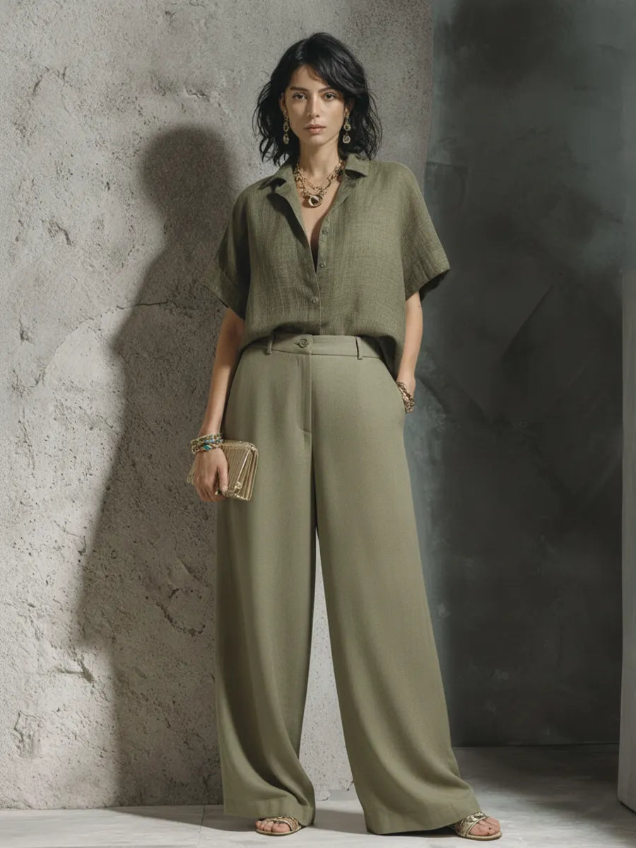 Women's Relaxed-Fit Army Green Cotton-Linen Collared Short-Sleeve Shirt And High-Waisted Wide-Leg Cotton-Blend Trouser Set MDZ1745F8GMJ