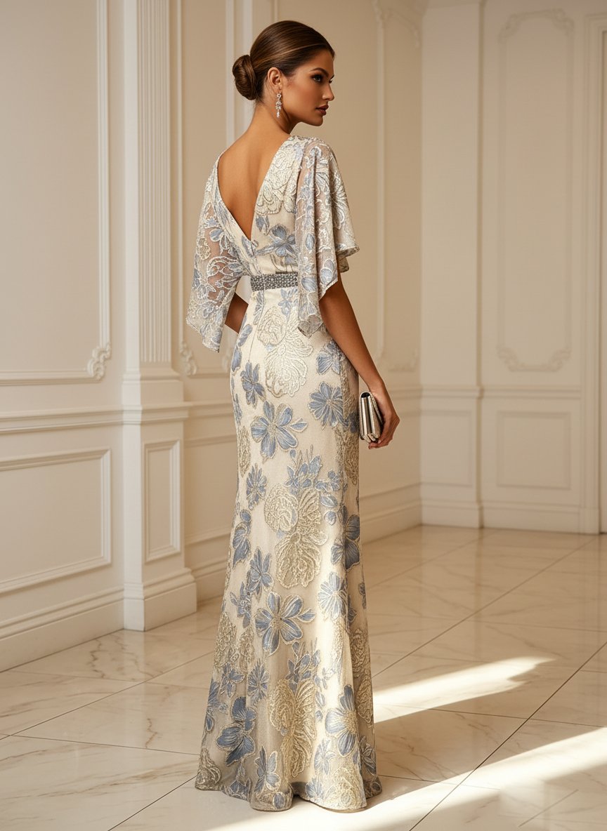 Champagne Classic V Neck Half Sleeve Mermaid Floor-length Gown Dress