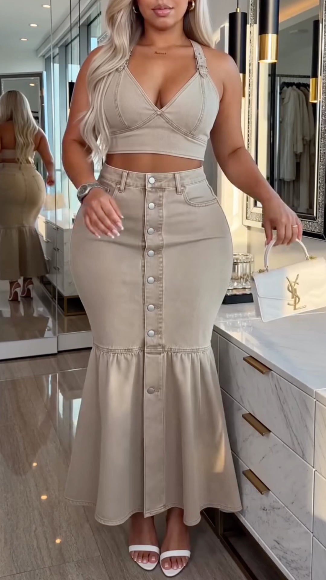 Crop Halter Top & Mermaid Denim Maxi Skirt Two Piece Set