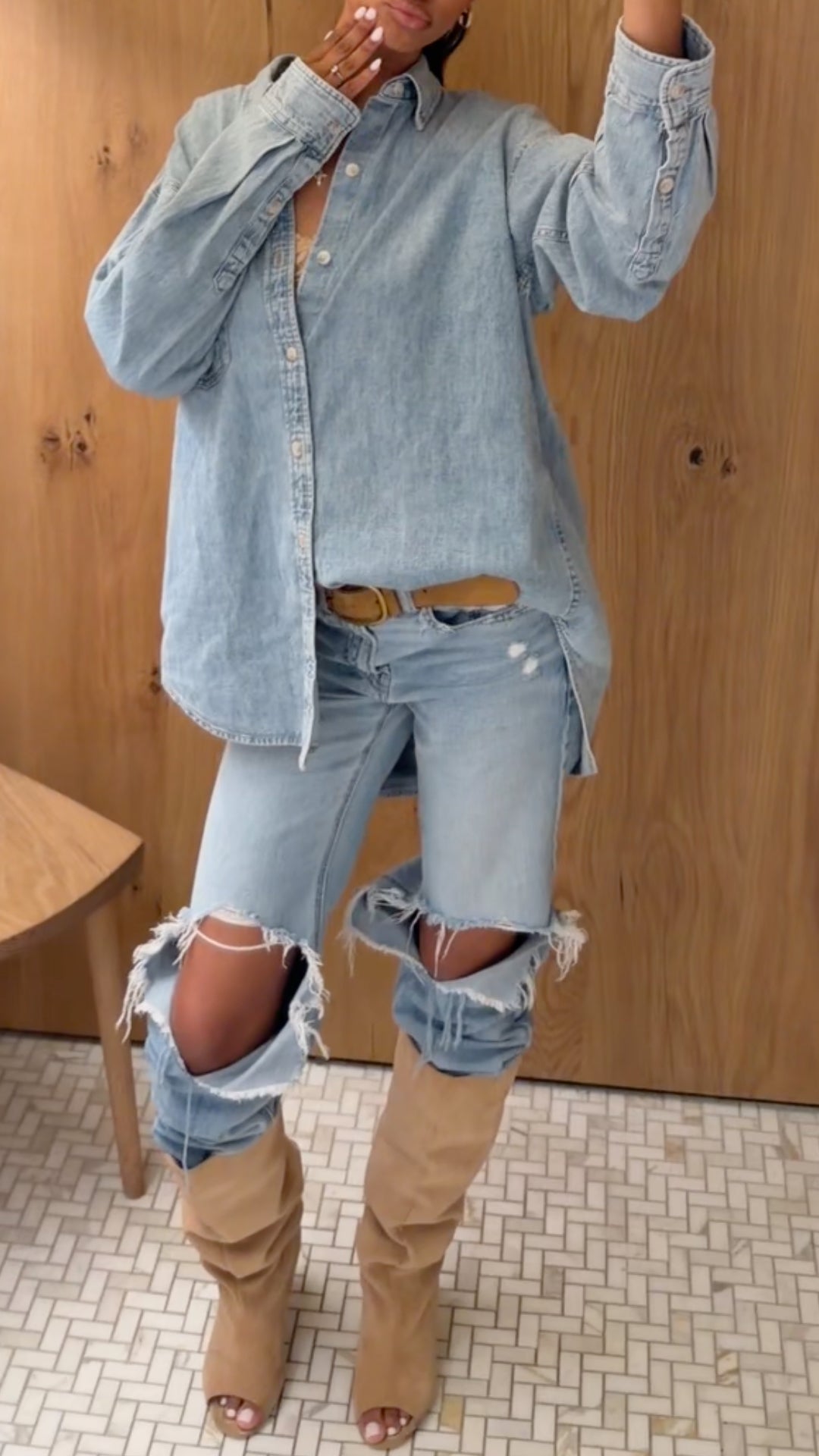 Oversized Light Wash Denim Shirt&Jeans Set