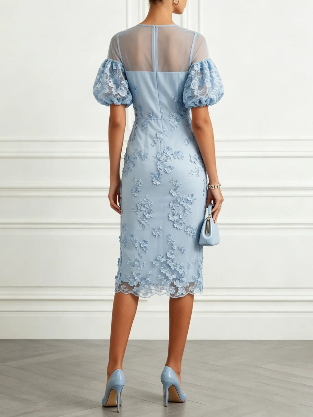 Light Blue 3D Floral Lace Crew Neck Short Sleeve Puff Sleeve Sheath Midi Dress