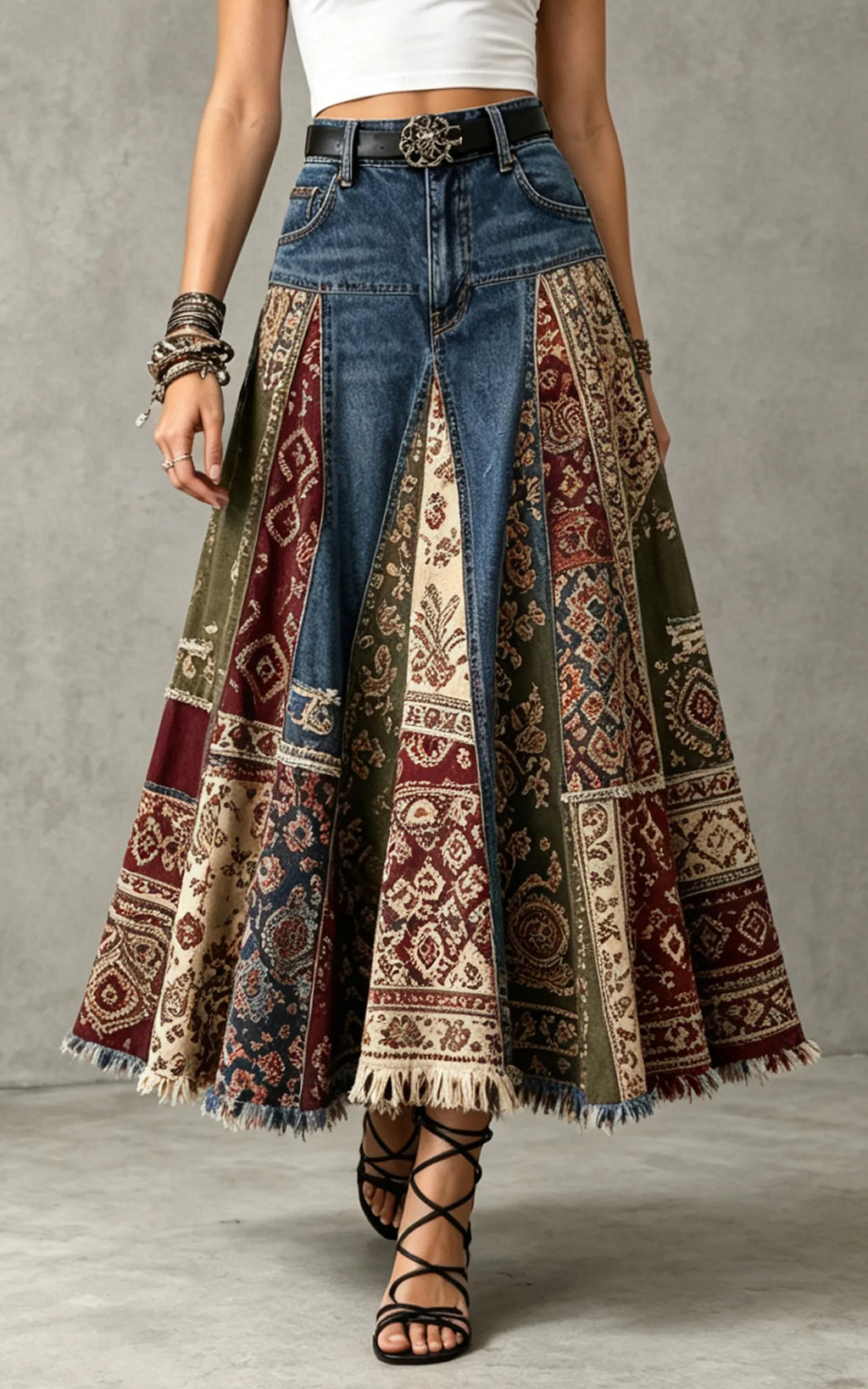 Bohemian Patchwork Denim Maxi Skirt