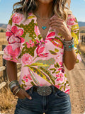Women's Retro Floral Art Puff Sleeve Casual Shirt