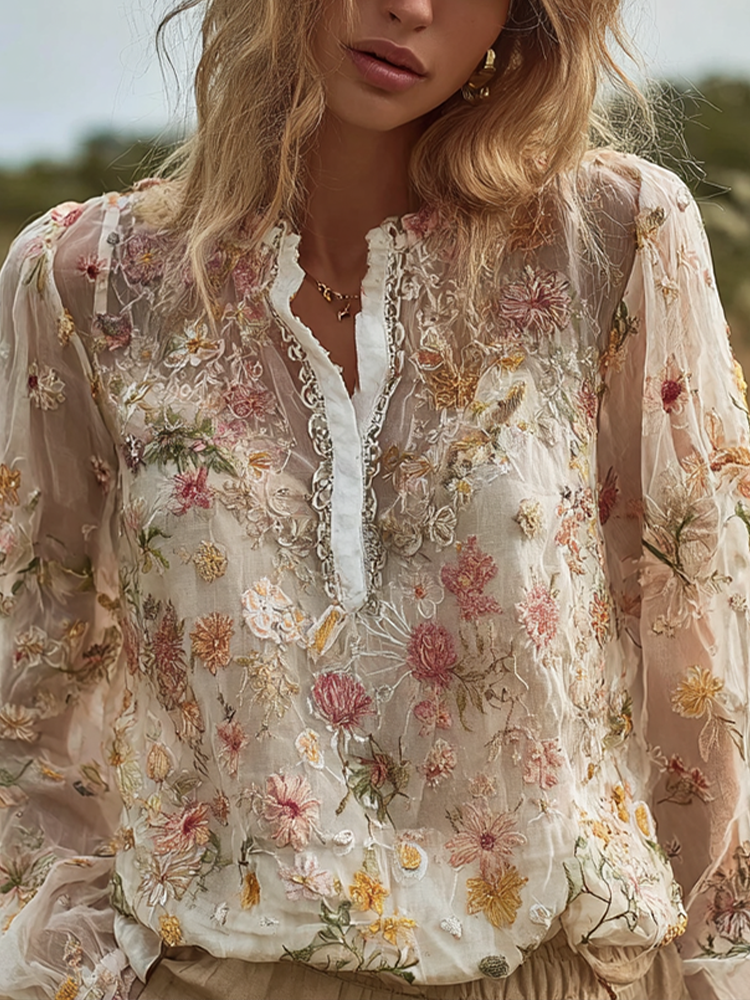 Bohemian Style 3d Plant Flower Pattern Cotton Linen Shirt