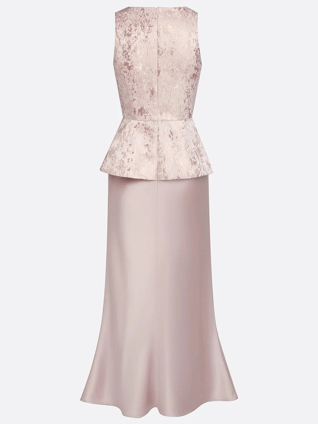 Pink Lace Jacquard 3D Floral Satin Crew Neck Sleeveless Sheath Maxi Dress