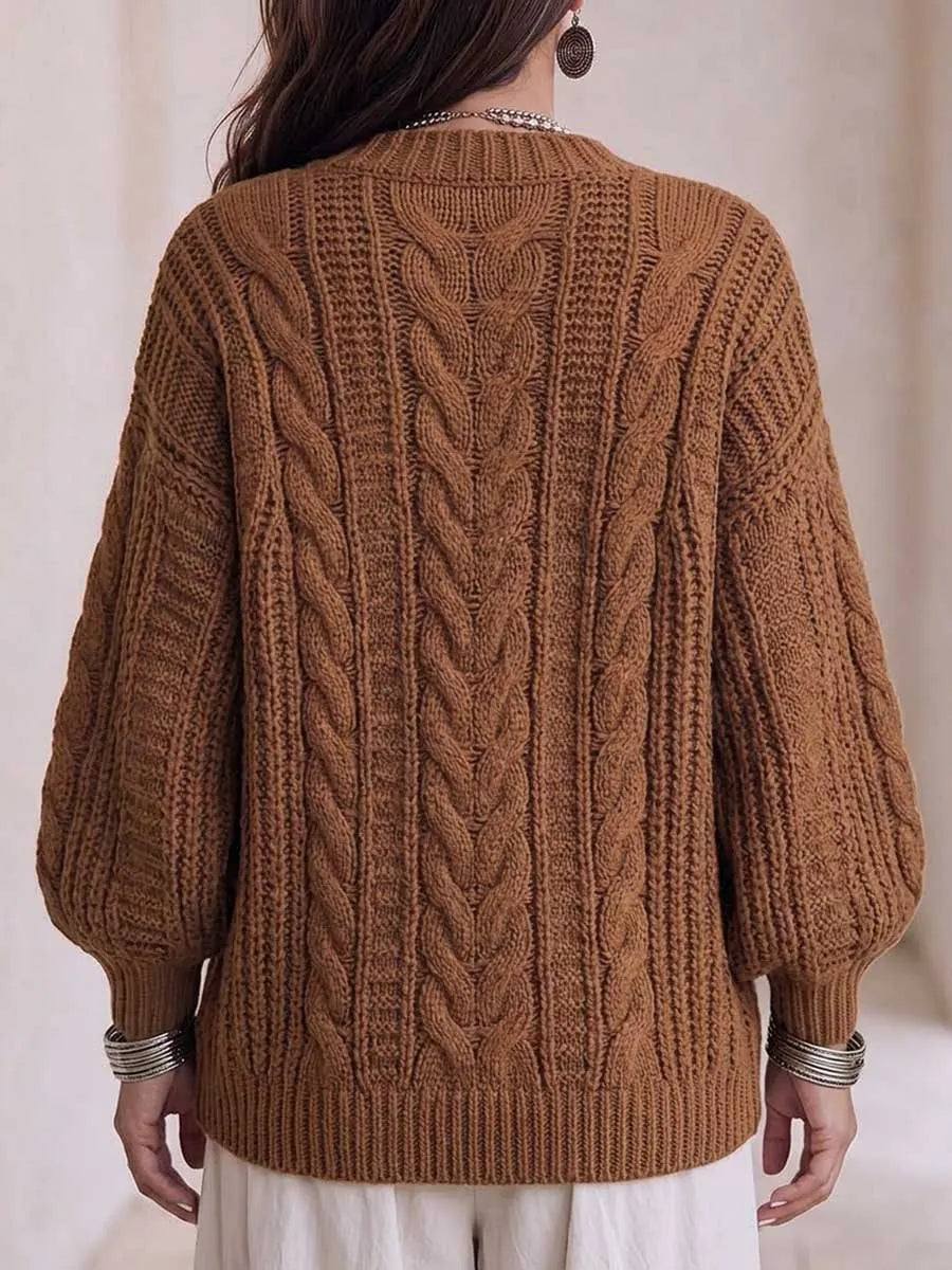 Women's Solid Color V-neck Long Sleeve Casual Loose Knit Cardigan