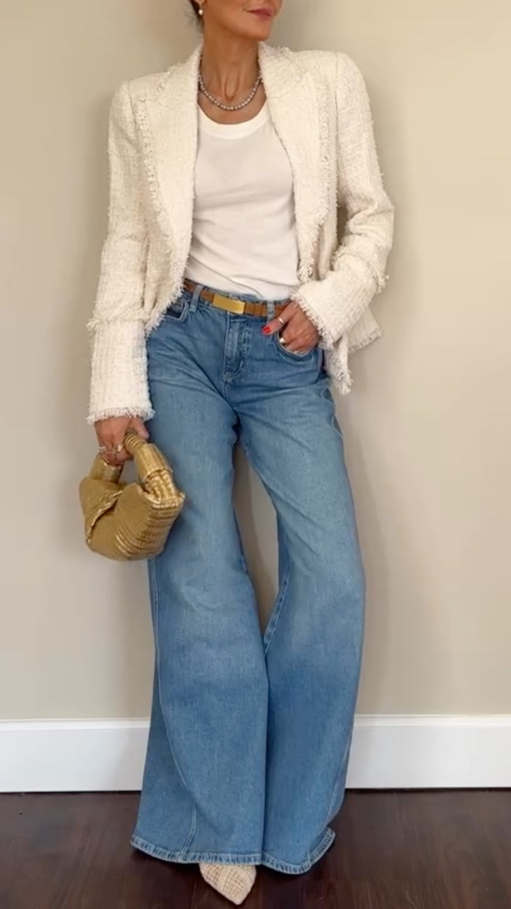 White Tweed Blazer & Wide‑Leg Denim Outfit