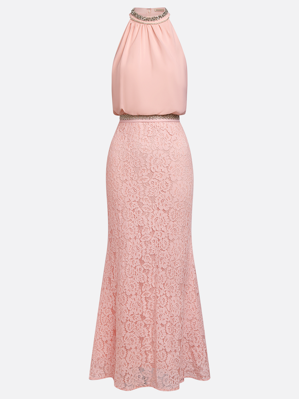 Pink Cotton Rhinestone Ruched Lace Halter Crew Neck Sleeveless Mermaid Floor-length Gown Dress