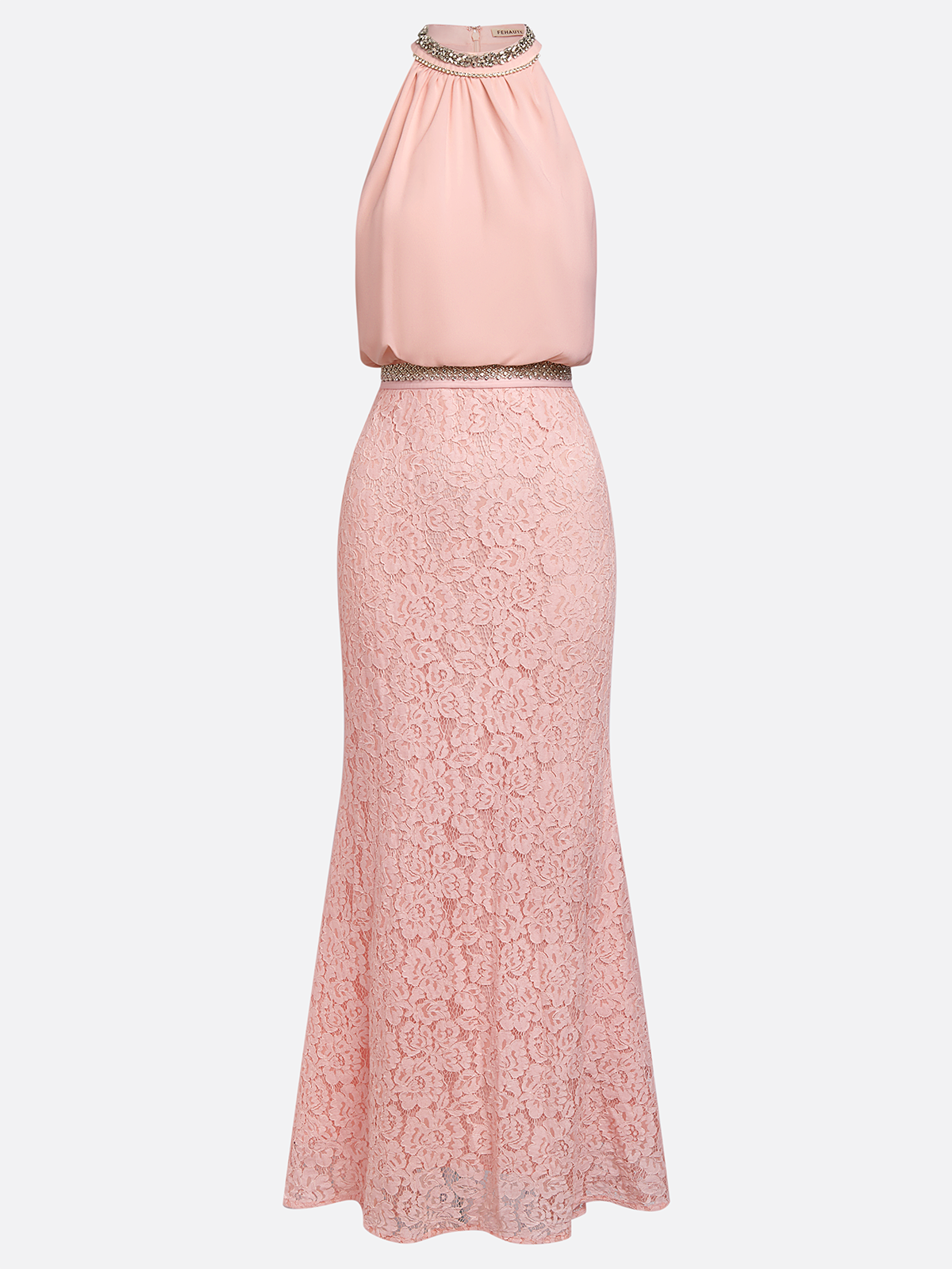 Pink Cotton Rhinestone Ruched Lace Halter Crew Neck Sleeveless Mermaid Floor-length Gown Dress