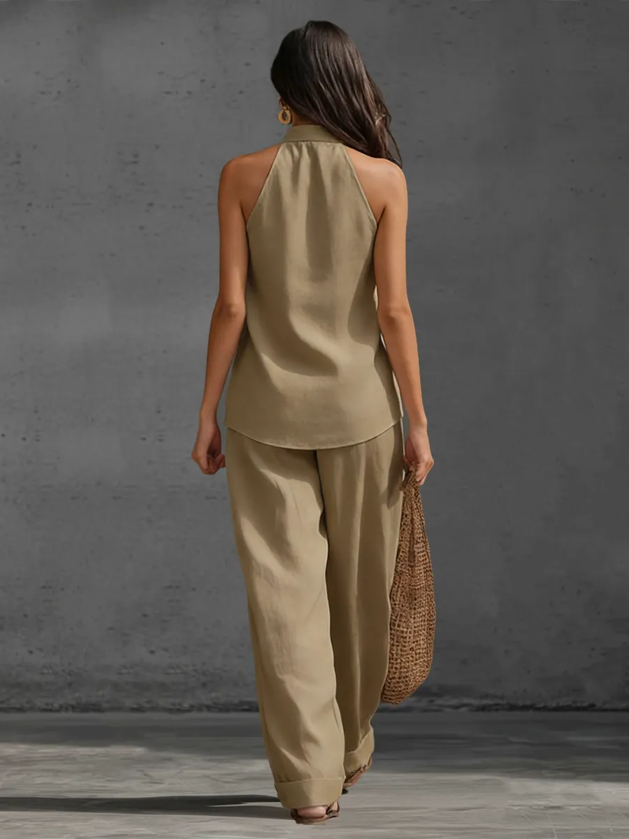 Casual Urban Style White Linen V-neck Sleeveless Top And Wide Leg Pants Set