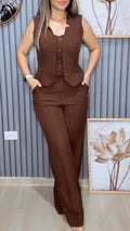 Sleeveless Vest & Wide Leg Pant Two‑Piece Suit