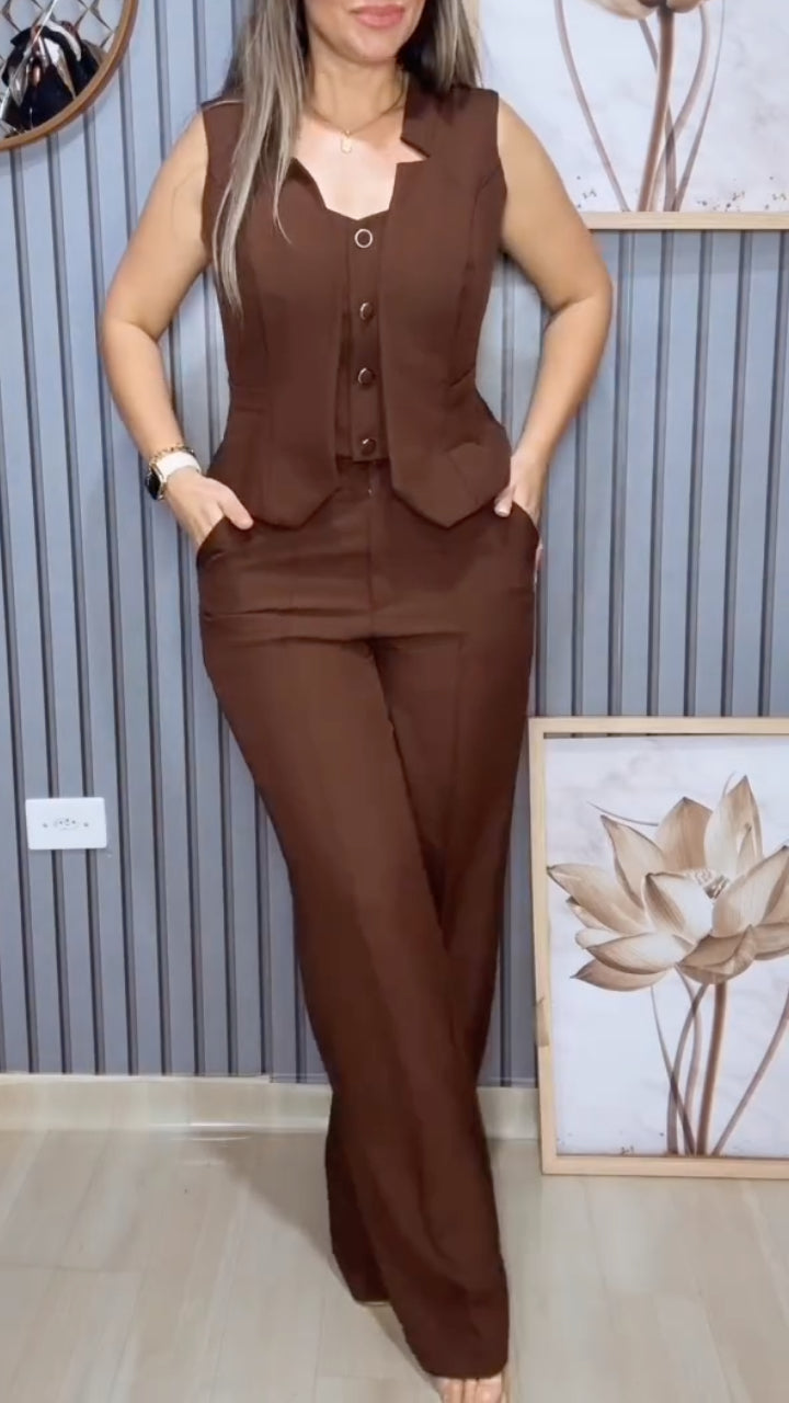 Sleeveless Vest & Wide Leg Pant Two‑Piece Suit