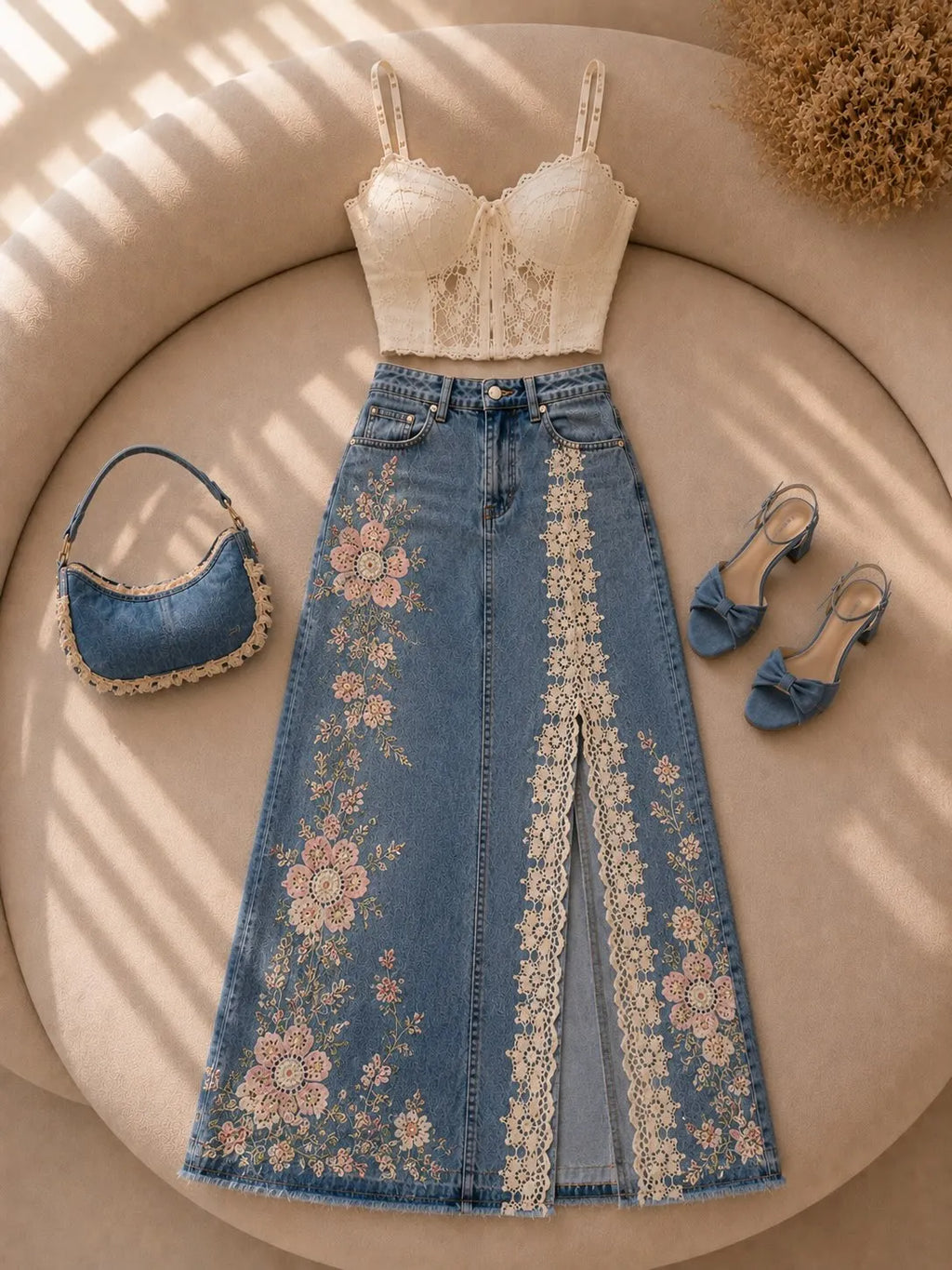 Lace Corset Cami Top & Floral Embroidery Lace Slit Denim Maxi Skirt Two Piece Set