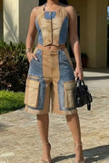 Women's Casual Spliced Sleeveless Denim Top & Paneled Denim Shorts
