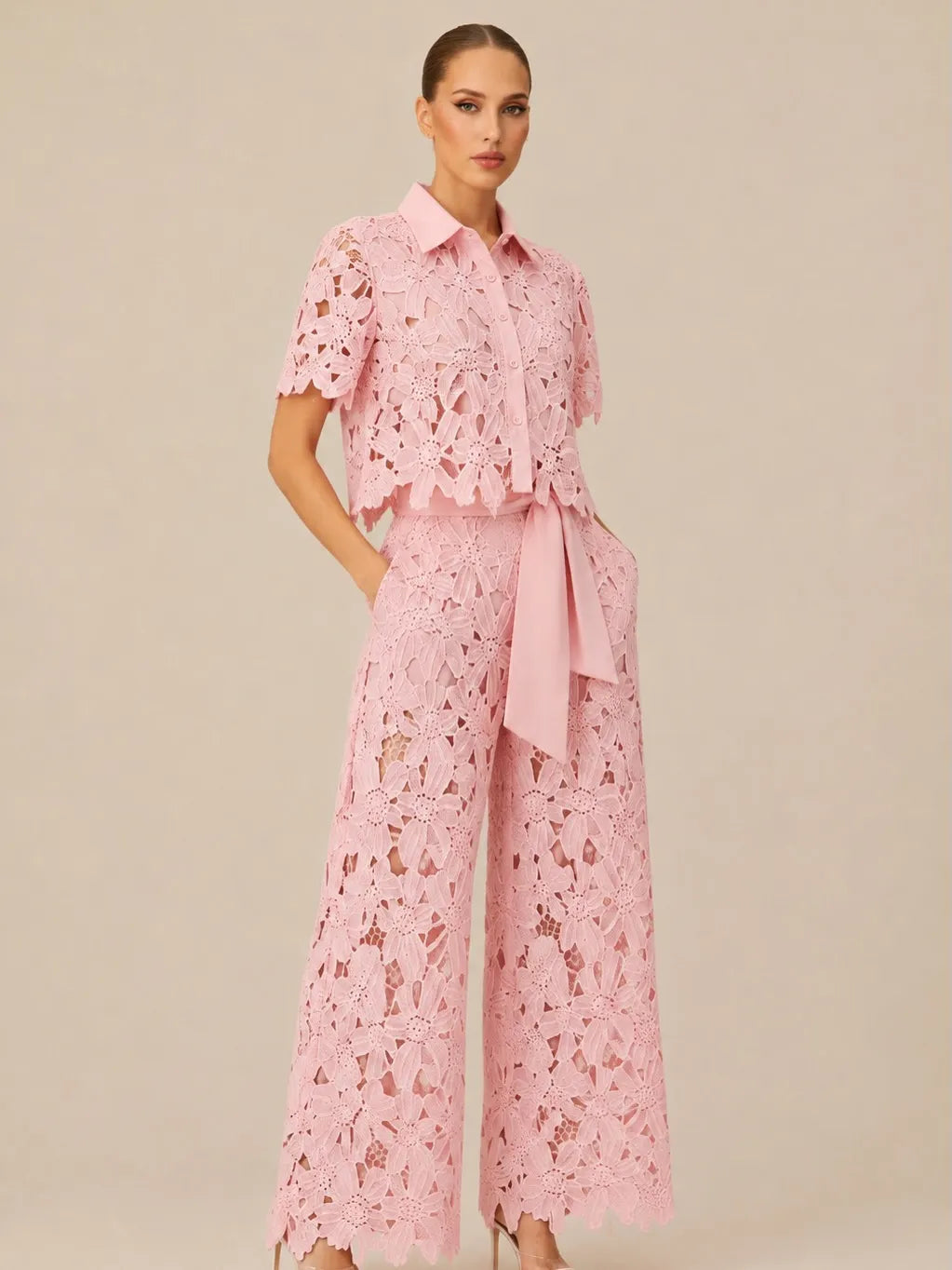 Lace Shirt & Wide Leg Pants Two Piece Set