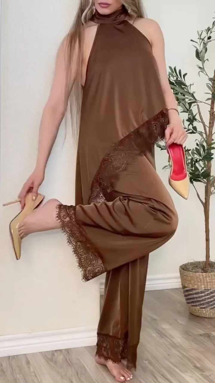 Women's Halter Neck Lace Satin Patchwork Casual Suit