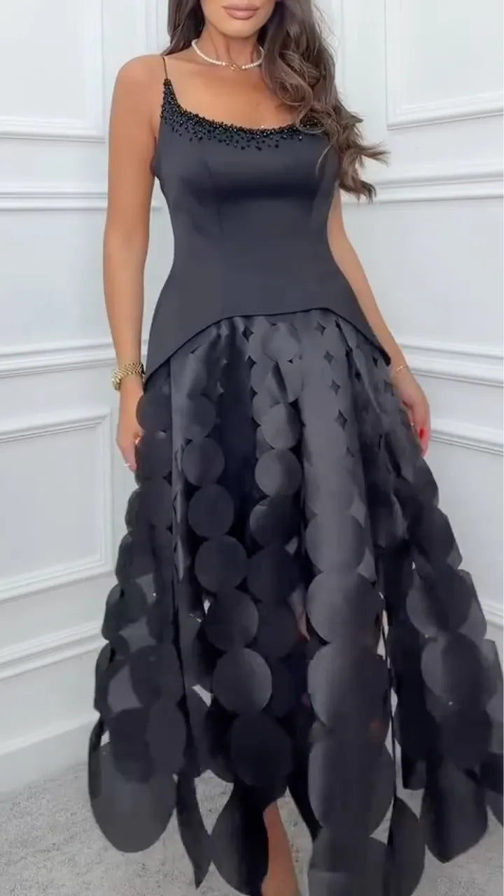 Women's U-Neck Beaded Halter Top Layered Midi Dress