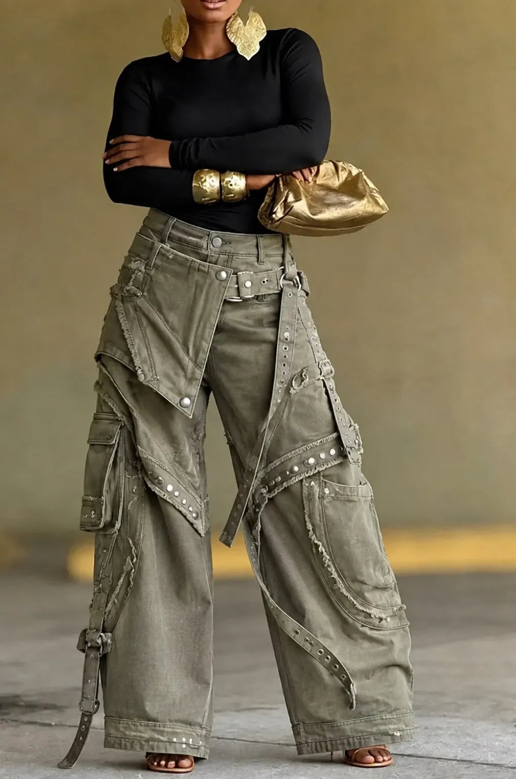 Patchwork Hardware Wide Leg Cargo Pants