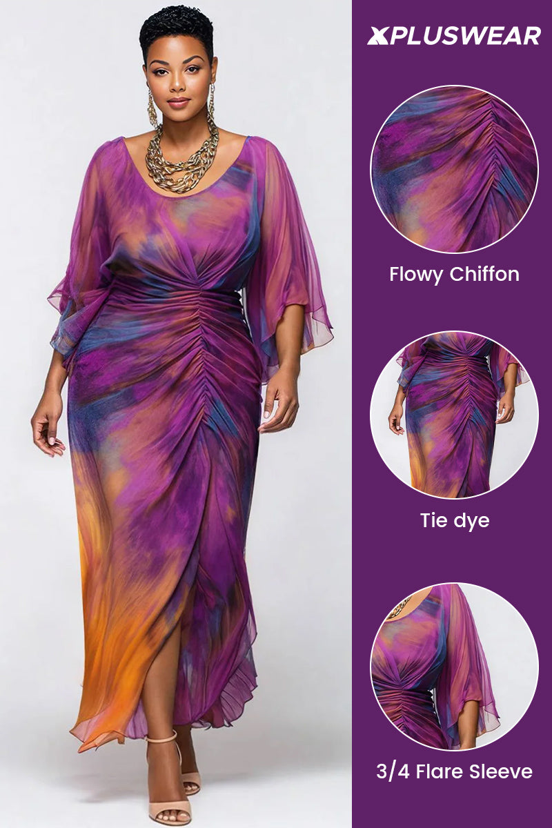 复制Xpluswear Design Plus Size Cocktail Party Purple Tie Dye Round Neck Flare 3/4 Sleeve Ruched Chiffon Maxi Dresses