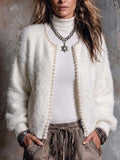 Women's Solid Color Round Neck Long Sleeve Beaded Casual Loose Knit Cardigan