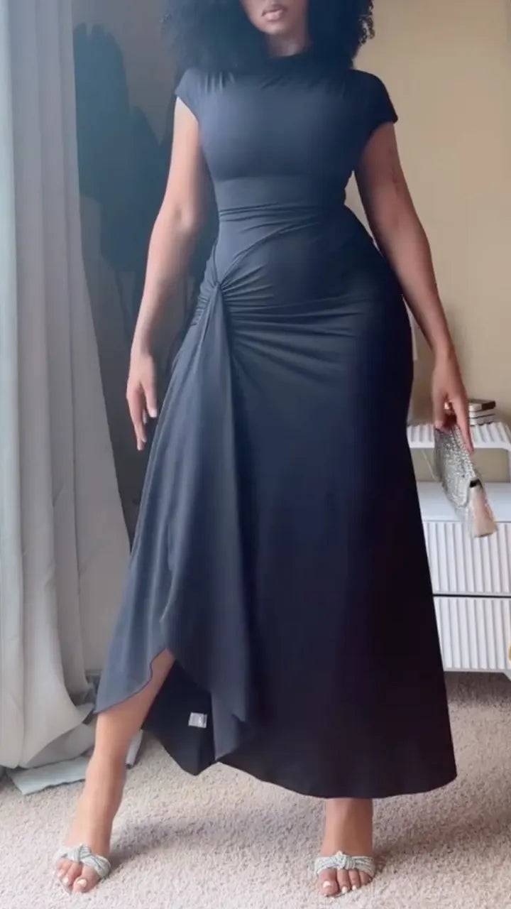 Black Mock Neck Ruched Maxi Dress