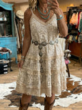 Women's Vintage Floral Art Print Tassel Patchwork Casual Slip Dress