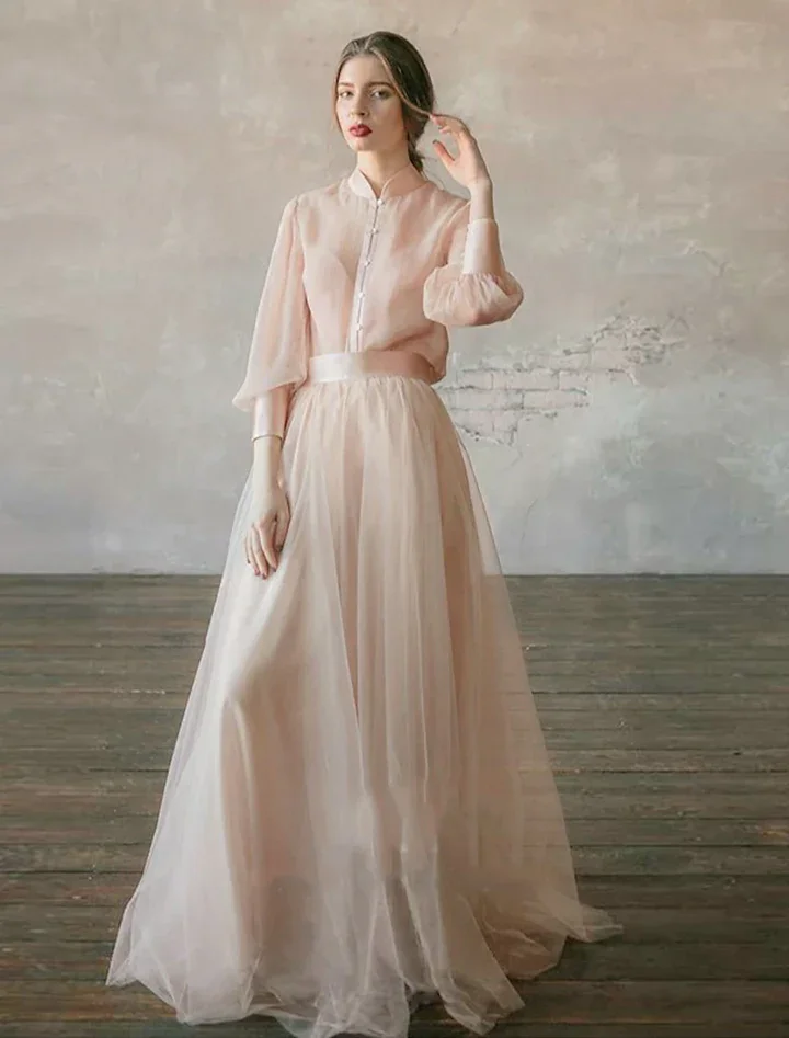 Cocoslly High Neck Long Sleeves High Waist Long Prom Dress | Blushing Pink Tulle LR0409