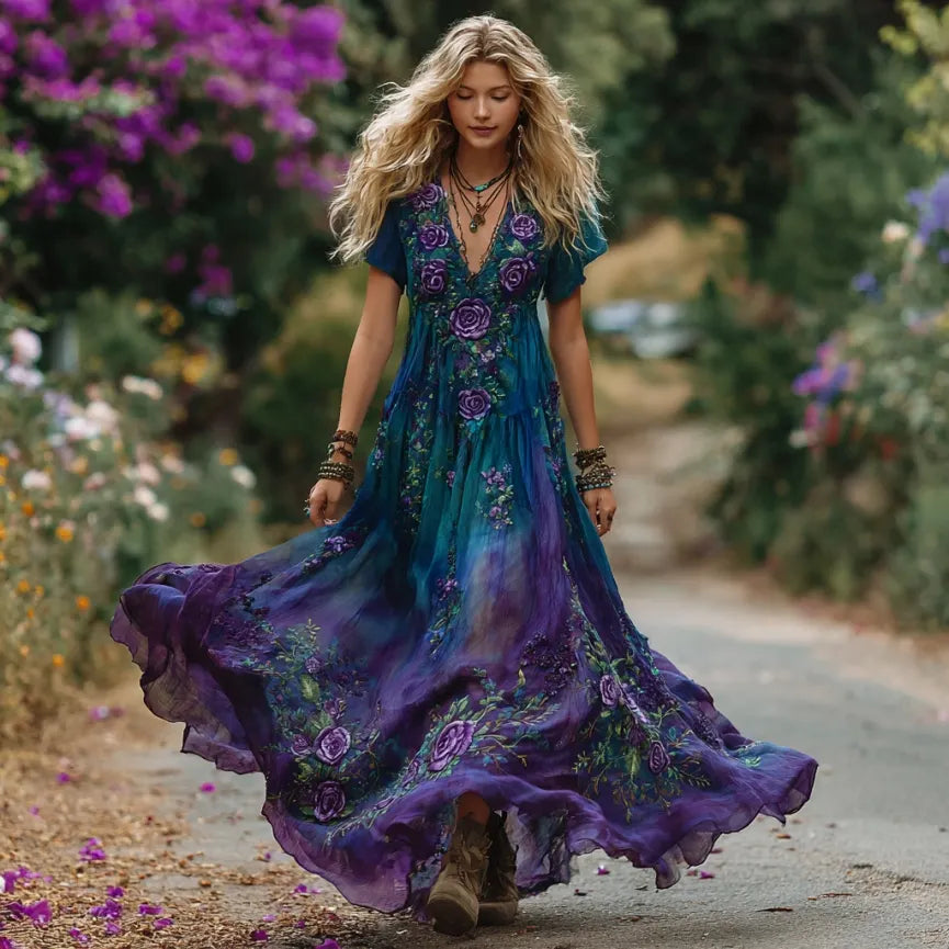 Women's Vintage Purple Roses Floral Embroidery Linen Short Sleeve Dress