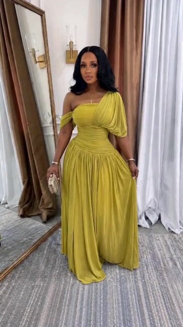 One Shoulder Cinch Waist Ruched A-Line Casual Maxi Dresses-Olive