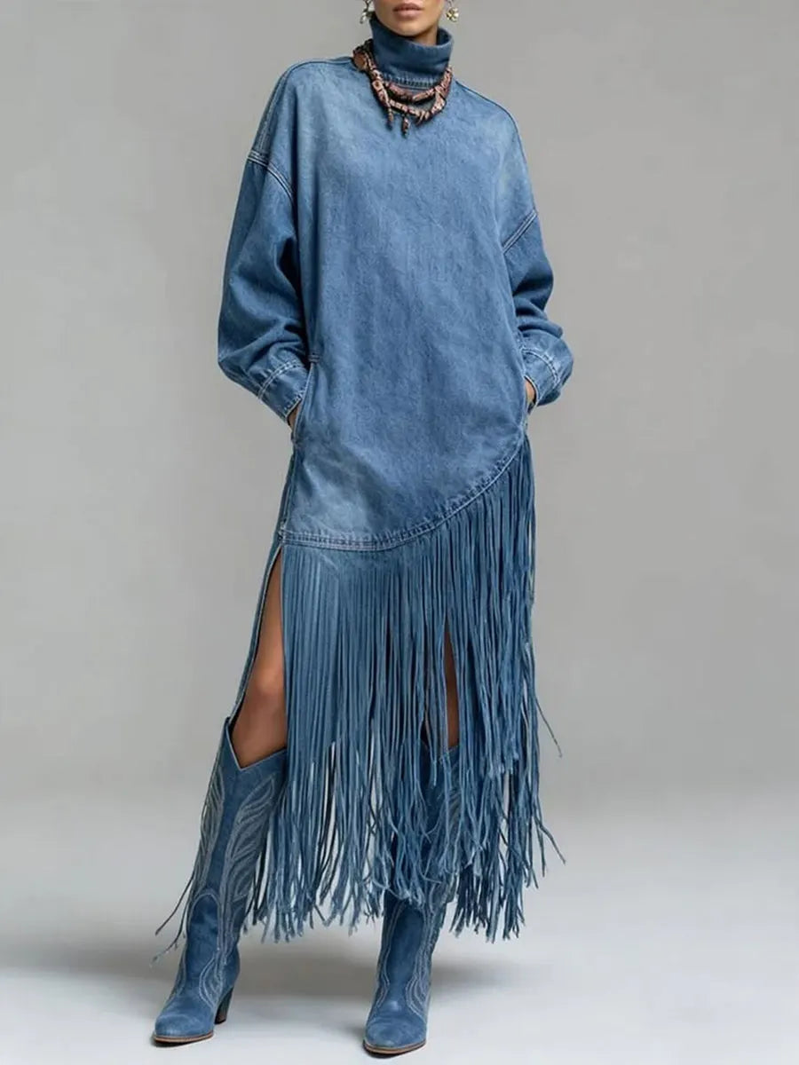 Avant-Garde Fringed Turtleneck Denim Dress