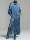 Avant-Garde Fringed Turtleneck Denim Dress