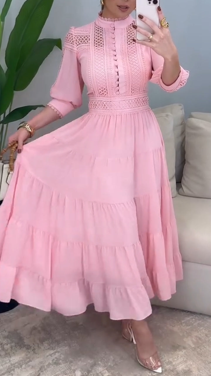Women Round Neck Lace Hollow Splicing Elegant Temperament Dress
